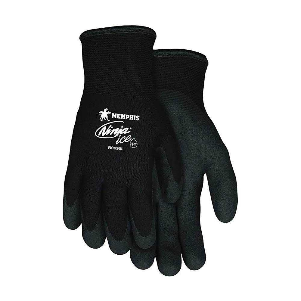 2 Pairs Memphis Glove N9690L Ninja Ice 15 Gauge Black Nylon Cold Weather Glove, Acrylic Terry Inner, HPT Palm and Fingertips, Large, 2 Pack